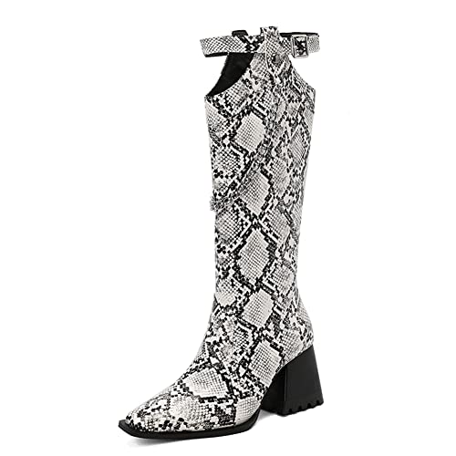 PAUVAODY Damen Chunky Heel Knee Hohe Stiefel Metal Decoration Riding Stiefel Pointed Toe Wooden Heels Lange Stiefel High Heel Zipper Stiefel Snake Size 40 von PAUVAODY