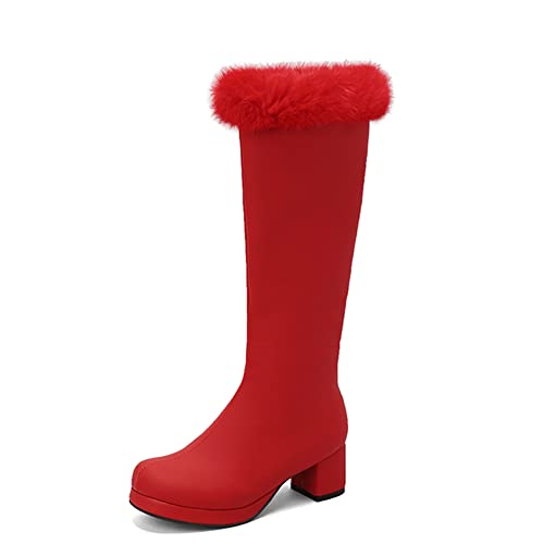 PAUVAODY Damens Faux Fell Go Go Stiefel Runde Zehen Plateau Heels Knee Hohe Stiefel Chunky Mid Heel Mid Calf Stiefel Side Zip Party Dance Schuhe Red Size 48 von PAUVAODY