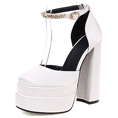 PAUVAODY Damens Plateau Chunky High Block Heels Kn?Chelriemchen Schnalles Wedge Dress Pumps Silk Satin Square Toe Hot High Heel Mode Schuhe White Size 33 von PAUVAODY