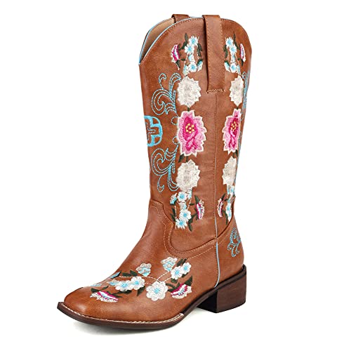 PAUVAODY Klassischer Cowboy Stiefel für Frauen White Cowgirl Stiefel Low Heel Western Stiefel Blume Embroidery Pull on Wide Calf Stiefeletten Brown Size 43 von PAUVAODY