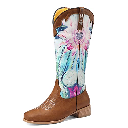 PAUVAODY Klassischer Cowboy Stiefel für Frauen White Cowgirl Stiefel Low Heel Western Stiefel Blume Embroidery Pull on Wide Calf Stiefeletten Yellow Size 43 von PAUVAODY