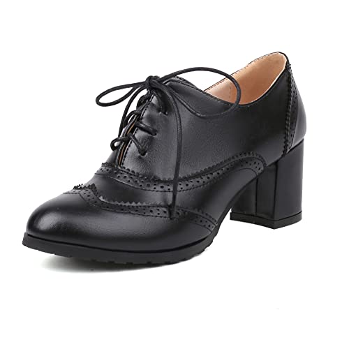 PAUVAODY Klassischer Damens Schnüren Wingtip Pump Pointed Toe Blockabsatz Oxfords Brogues Perforated Jahrgang Dress Schuhe Black Size 42 von PAUVAODY