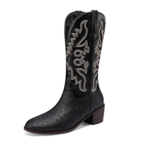 PAUVAODY Klassischer Damens Western Stiefel Mid Calf Block Heels Pull on Cowboy Stiefeletten Wide Calf Embroidery Western Riding Party Stiefel Black Size 40 von PAUVAODY