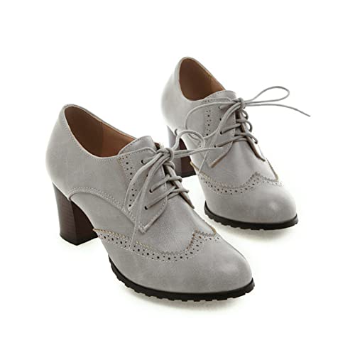 PAUVAODY Klassischer Plateau Chunky Heel Brogue Schuhe Schnüren Pointed Toe Oxfords Dress Pump Schuhe Arbeit Schuhe für Frauen Grey Size 38 von PAUVAODY