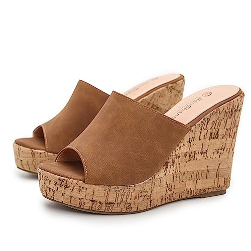 PAUVAODY Wedge Plateau Sandalen für Frauen Open Toe Chunky Heels Pantoletten Cork Faux Wildleder Dress Ohne Verschluss Sommer Hausschuhes Schuhe Brown Size 38 von PAUVAODY