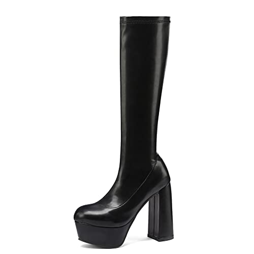 PAUVAPDY Damen Plateau Absatz Chunky Mid Calf Stiefel Gotisch Stiefel Mid Top Zipper Punk Stiefel Stretch Halbe Stiefel Fancy Party Schuhe Black size 37 von PAUVAODY