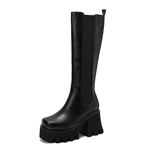 PAUVAPDY Damen Plateau Absatz Chunky Mid Calf Stiefel Gotisch Stiefel Mid Top Zipper Punk Stiefel Stretch Halbe Stiefel Fancy Party Schuhe Black size 37 von PAUVAODY