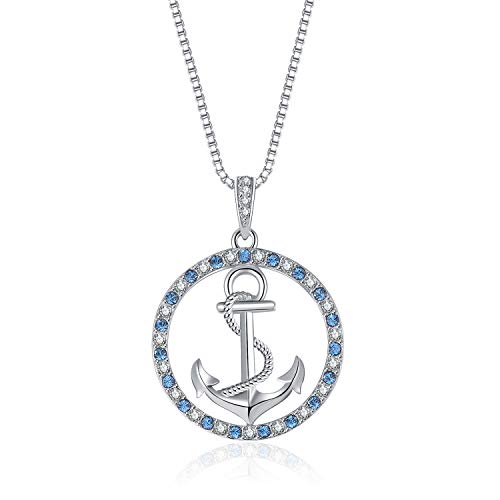 Damen Halskette Kette ANKER blau weiße Kristalle Ankerkette mit Anhänger Silberketten maritim aus 925 Silber Geschenke+für+Sie Boot Liebe Herzkette mit Geschenkbox von PAVELS