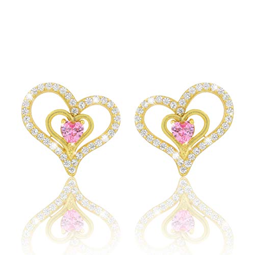 Damen Herz Ohrstecker Set LOVELY PINK Ohrringe 18 Karat Gold plattiert mit Rosa Zirkonia Steinen in AAA Qualität, Schmuckbox und Echtheits-Zertifikat von PAVELS