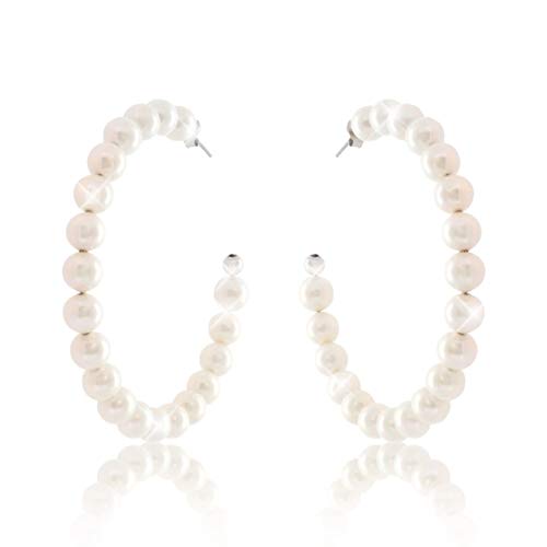 Damen Perlen Creole PERLENTRAUM Perlmutt creme groß 55mm aus Silber 925 Hochzeit Perlenohrringe, inkl. hochwertigem Leder Etui von PAVELS