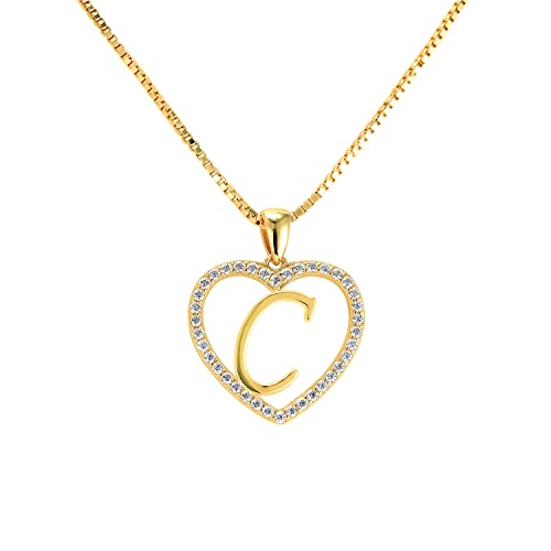Halskette Buchstabe C in Herzform bestehend aus zahlreichen Zirkonia Steinchen 18 Karat Gold plattiert für Damen und Jugendliche mit einer hochwertigen Schmuckbox und Zertifikat von PAVELS