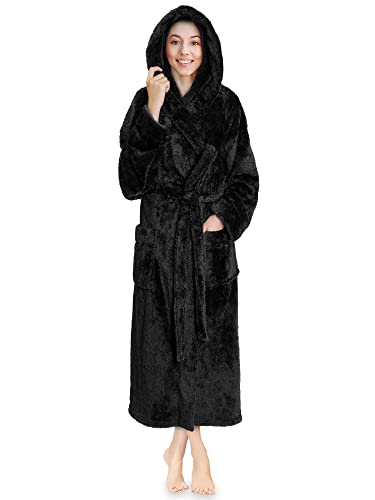 PAVILIA Damen Bademantel mit Kapuze, Plüsch, weich, flauschig, warm, Fleece, Sherpa-Bademantel, Schwarz, XXL/3XL von PAVILIA