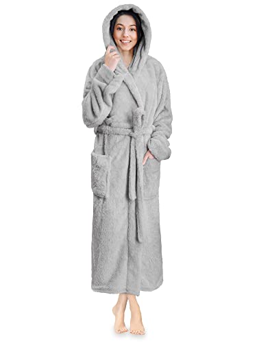 PAVILIA Damen-Bademantel mit Kapuze, weich, flauschig, warm, Fleece, Sherpa, Shaggy-Bademantel, Hellgrau, Large-X-Large von PAVILIA