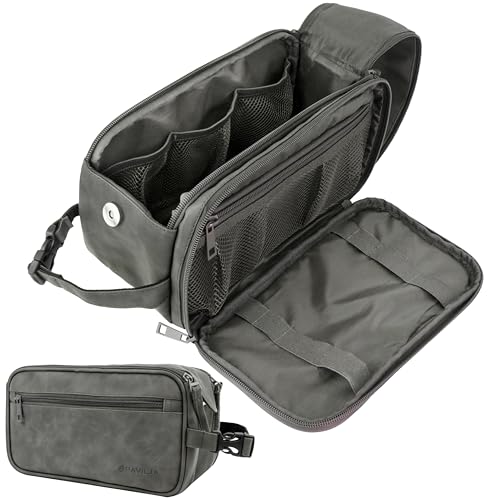 PAVILIA Kulturbeutel für Herren, Reise-Kulturbeutel | Wasserabweisendes Dopp-Set, PU-Leder-Rasiertasche Organizer für Toilettenartikel-Zubehör, Pflege, Hygiene, Kosmetik (dunkelgrau) von PAVILIA