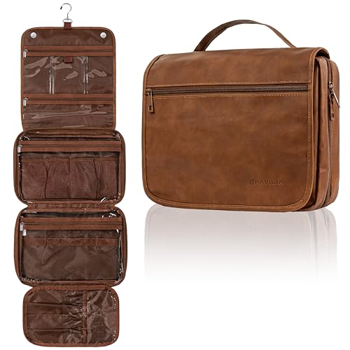 PAVILIA Kulturbeutel zum Aufhängen, für Damen und Herren, faltbarer Kosmetik-Organizer, Reisetasche, wasserabweisende Make-up-Tasche, Toilettenartikel, großes Reise-Essentials-Kit, Braun, Large von PAVILIA