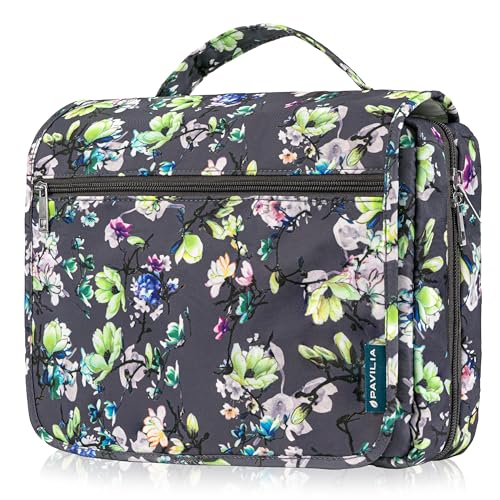 PAVILIA Kulturbeutel zum Aufhängen, für Damen und Herren, faltbarer Kosmetik-Organizer, Reisetasche, wasserabweisende Make-up-Tasche, Toilettenartikel, großes Reise-Essentials-Kit, Grey Floral, Large von PAVILIA