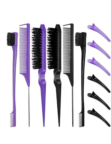 PAVNSO 12-teiliges Haarbürsten-Set, Nylon, 3-reihig, Salon-Teasing-Bürste, Rattenschwanzkämme mit Entenschnabel-Clips für Frauen (lila + schwarz) von PAVNSO