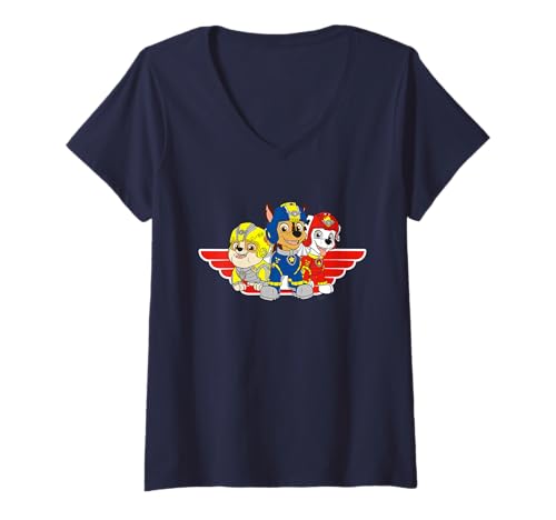 Damen Motiv des Paw Patrol Chase Marshall Rubble Rescue Actionteams T-Shirt mit V-Ausschnitt von PAW PATROL