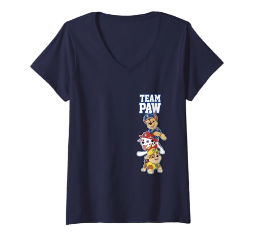 Damen Paw Patrol Team Paw Pup Stack Trio Cute Smiles T-Shirt mit V-Ausschnitt von PAW PATROL