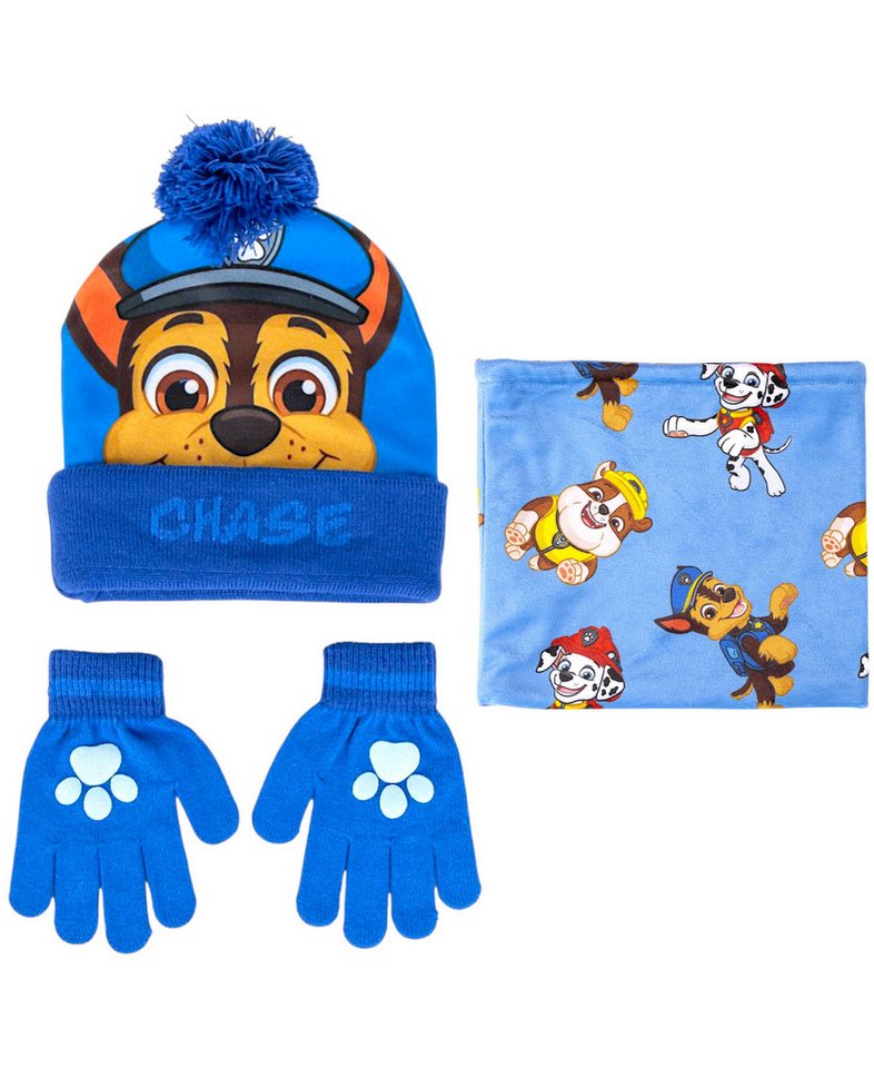 PAW PATROL Bommelmütze Chase (3-St) Jungen Winter-Set Mütze Einheitsgröße 2-5 Jahre von PAW PATROL