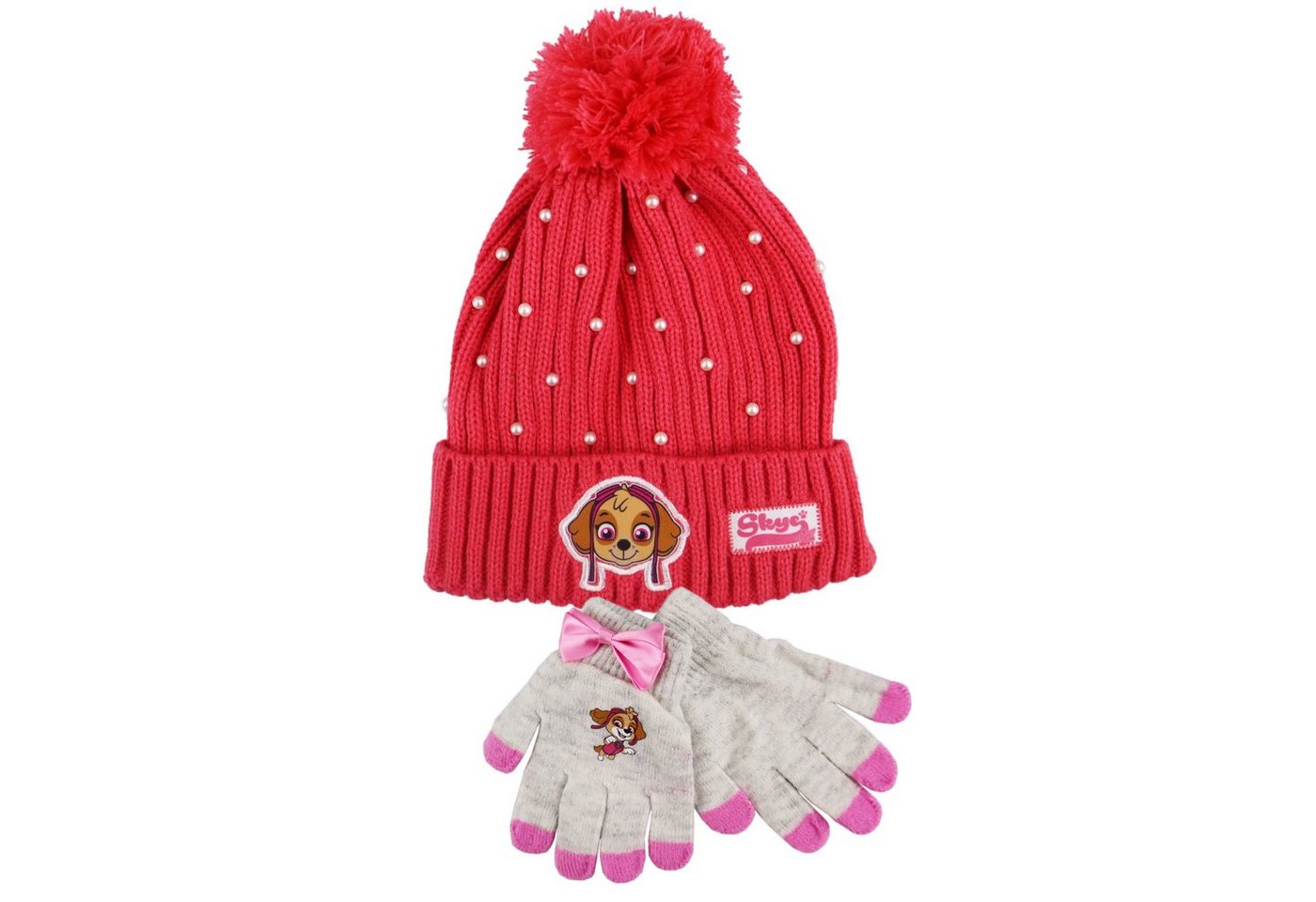 PAW PATROL Bommelmütze Paw Patrol Skye Kinder Winter Bommel Mütze mit Perlen plus Handschuhe Gr. 52 bis 54 von PAW PATROL