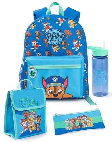 PAW PATROL Jungen Rucksack Set | Kinder 4-teiliges blau-grünes Rucksack-Bundle mit Schultasche, Federmäppchen, Lunchtasche und Wasserflasche | Chase Dog Crew Grafik Komplettes Matching Set von PAW PATROL