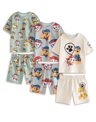 PAW PATROL Patrol Jungen-Pyjama-Set in Hellgrün, Grau und Creme | 3er-Pack Kurzarm-Nachtwäsche mit kurzen Beinen | Chase, Marshall, Skye & Rubble Loungewear mit Cartoon-Print Merch von PAW PATROL