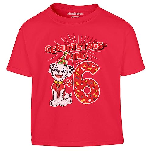 PAW PATROL T-Shirt Geburtstag Geburtstagskind - 6 Jahre Junge Geschenk zum Geburtstag Geburtstagsshirt mit Marshall von Die Helfer auf 4 Pfoten Shirt 128 Rot von PAW PATROL