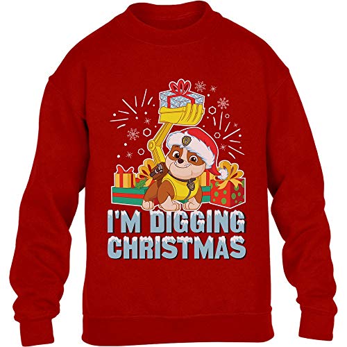 PAW PATROL Weihnachtspullover Rubble I'm Digging Xmas Kinder Pullover Sweatshirt 116 Rot von PAW PATROL