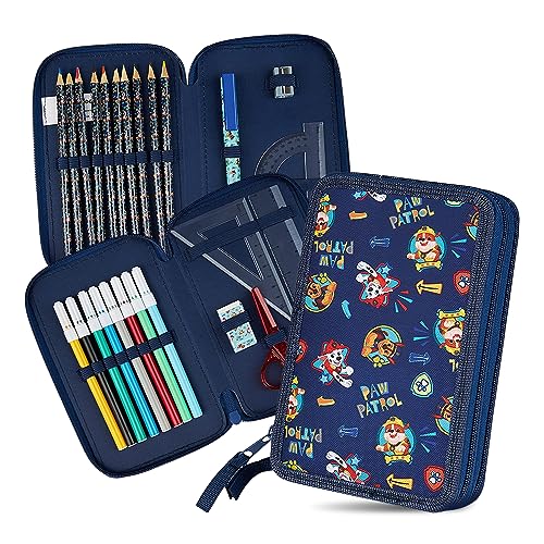 PAW PATROL Federmäppchen Groß Etui Stifte Jungen und Mädchen Stifte Kinder Gefüllt Federmappe Schulsachen Einschulung Geschenk Grundschule Kindergarten Schulbedarf (Marineblau Doppelreißverschluss) von PAW PATROL