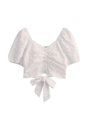 PAXAS Damen Blusen Puffärmel V-Ausschnitt Weibliche Mode Koreanisch Sweet Crop Tops Streetwear Vintage Sommer Elegant Freizeithemd Top-Weiß,L von PAXAS