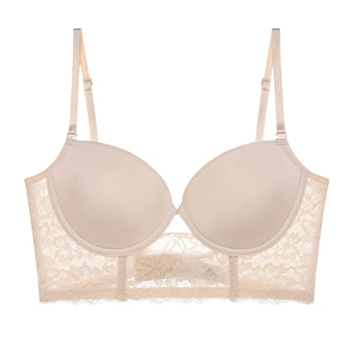 PAXAS Rückenfreier BH Unsichtbarer Bralette Spitze Hochzeits-BHS Unterwäsche Mit Niedrigem Rücken Push-Up-Büstenhalter Damen Nahtlose Dessous Korsett (Color : Khaki, Cup Size : 75D) von PAXAS