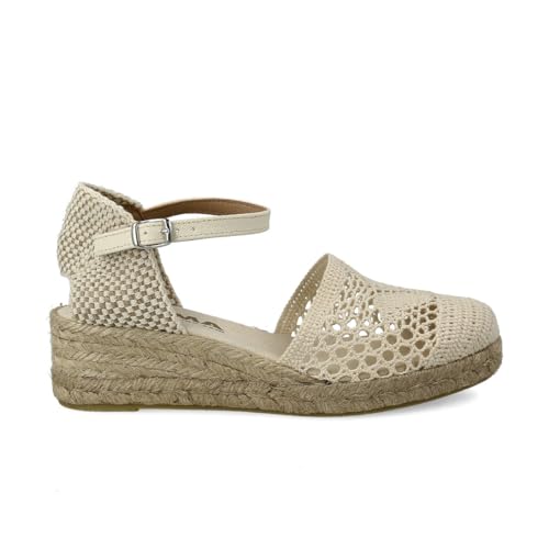 PAYMA - Damen Jute Gehäkelte Keilsandalen. Schuhe aus Spanien. Wedges Espadrilles mit Niedrigem Hacke. Innenpflanze mit Stoff Gepolstert. Knöchelschnalle. Farbe: Beige. Größe: EU 40 von PAYMA