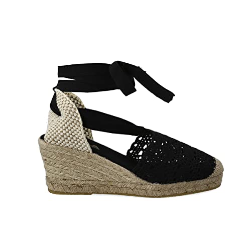 PAYMA - Damen Jute Gehäkelte Keilsandalen. Schuhe aus Spanien. Wedges Espadrilles mit Niedrigem Hacke. Innenpflanze mit Stoff Gepolstert. Knöchelriemen. Farbe: Schwarz 2. Größe: EU 40 von PAYMA