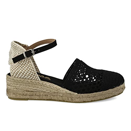 PAYMA - Damen Jute Gehäkelte Keilsandalen. Schuhe aus Spanien. Wedges Espadrilles mit Niedrigem Hacke. Innenpflanze mit Stoff Gepolstert. Knöchelschnalle. Farbe: Schwarz. Größe: EU 37 von PAYMA