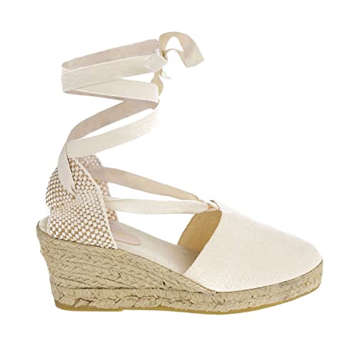 PAYMA - Damen Klassische Jute Keilsandalen mit Knöchelriemen. Schuhe aus Spanien. Mittelhohes Wedges. Innenpflanze mit Stoff Gepolstert. Farbe: Beige. Größe: EU 37 von PAYMA