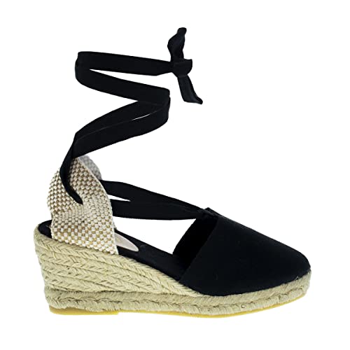 PAYMA - Damen Klassische Jute Keilsandalen mit Knöchelriemen. Schuhe aus Spanien. Mittelhohes Wedges. Innenpflanze mit Stoff Gepolstert. Farbe: Schwarz. Größe: EU 38 von PAYMA