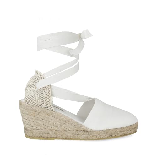 PAYMA - Damen Klassische Jute Keilsandalen mit Knöchelriemen. Schuhe aus Spanien. Mittelhohes Wedges. Innenpflanze mit Stoff Gepolstert. Farbe: Weiß. Größe: EU 42 von PAYMA