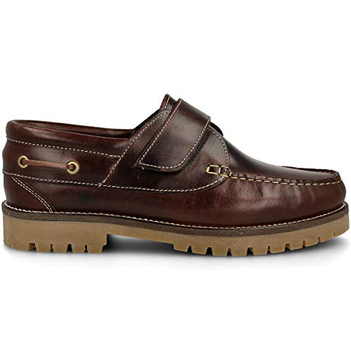 PAYMA - Herren Damen Kinder Bootsschuhe Segelschuhe Mokassins aus Seahorse Geölt Leder 3 Eye Classic Docksides. Gummisohle. Klettverschluss. Farben: Klettverschluss Braun. Größe EU 34 von PAYMA