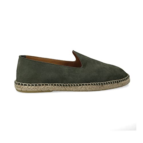 PAYMA - Herren Leder Espadrilles Sommerpantoffeln. Wildleder Mokassin Loafer Sandalen. Freizeitschuhe. Sommerschuhe für Herren. Gummi und Jute Schuhboden. Farbe: Khaki Glatt. Größe: EU 41 von PAYMA