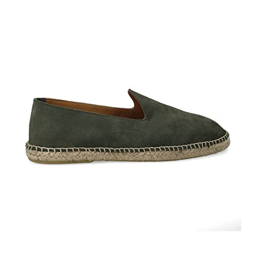 PAYMA - Herren Leder Espadrilles Sommerpantoffeln. Wildleder Mokassin Loafer Sandalen. Freizeitschuhe. Sommerschuhe für Herren. Gummi und Jute Schuhboden. Farbe: Khaki Glatt. Größe: EU 42 von PAYMA