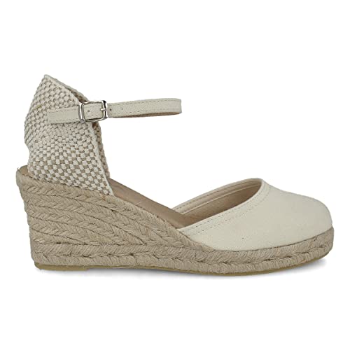 PAYMA - Jute Keilsandalen für Damen. Schuhe Sandalen aus Spanien aus Canvas Leinwand. Knöchelschnallenverschluss. Innenpflanze mit Stoff Gepolstert. Farbe: Beige. Größe: EU 38 von PAYMA