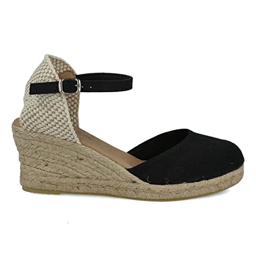 PAYMA - Jute Keilsandalen für Damen. Schuhe Sandalen aus Spanien aus Canvas Leinwand. Knöchelschnallenverschluss. Innenpflanze mit Stoff Gepolstert. Farbe: Schwarz. Größe: EU 38 von PAYMA