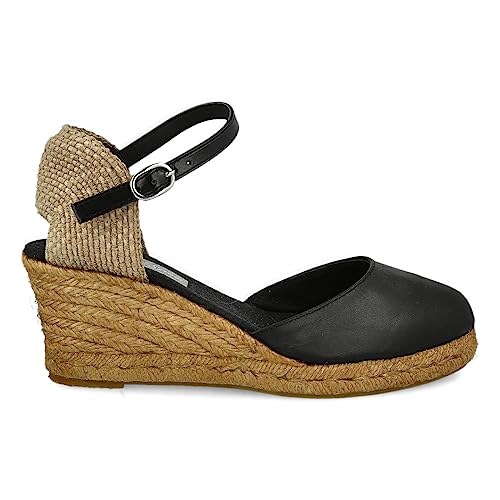 PAYMA - Jute Leder Keilsandalen für Damen. Schuhe Sandalen aus Spanien. Knöchelschnallenverschluss. Innenpflanze mit Stoff Gepolstert. Farbe: Schwarz Leder. Größe: EU 38 von PAYMA