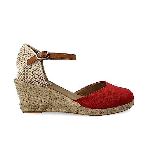 PAYMA - Jute Wildleder Keilsandalen für Damen. Schuhe Sandalen aus Spanien. Knöchelschnallenverschluss. Innenpflanze mit Stoff Gepolstert. Farbe: Rot. Größe: EU 39 von PAYMA