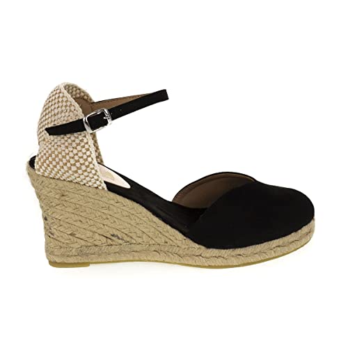 PAYMA - Klassische Jute Keilsandalen für Damen. Schuhe aus Spanien aus Wildleder Vegan. Knöchelschnallenverschluss. Innenpflanze mit Stoff Gepolstert. Farbe: Schwarz. Größe: EU 40 von PAYMA