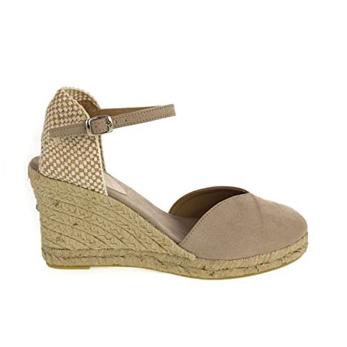 PAYMA - Klassische Jute Keilsandalen für Damen. Schuhe aus Spanien aus Wildleder Vegan. Knöchelschnallenverschluss. Innenpflanze mit Stoff Gepolstert. Farbe: Taupe. Größe: EU 42 von PAYMA