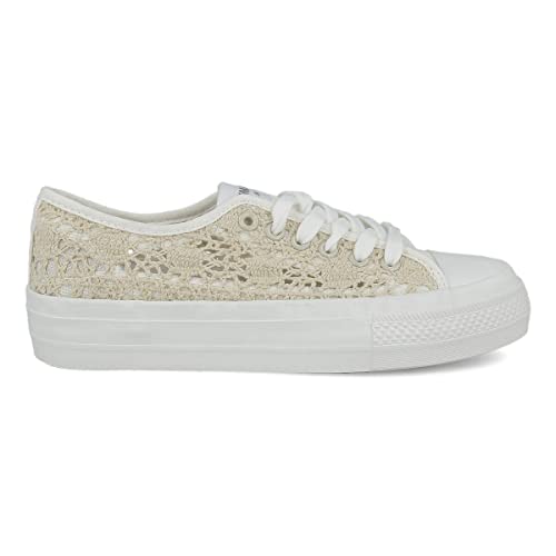 PAYMA - Sneaker Turnschuh Gehäkelter Stoff für Damen, Low-Top Niedrige. Einfach und Plattform Schuhsole. Gummisohle. Weiß und Beige. Farben: Beige Gehäkelter. Größe EU 39 von PAYMA