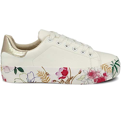 PAYMA - Sneaker für Damen Plattform Laufschuhe. Sport Gym Freizeit Wandern. Schnürsenkel. Gepolsterter Innenraum. Farbe: Blumen Weiß. Größe: EU 36 von PAYMA
