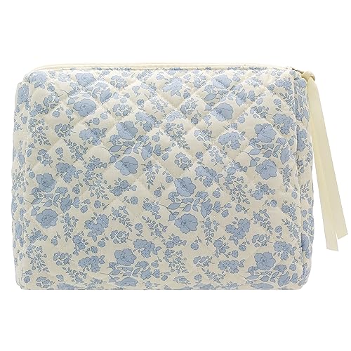 PAZIMIIK Baumwoll-Make-up-Tasche für Damen, groß, gesteppt, für Reisen und Kosmetik, Pouch-Little Flower Blue von PAZIMIIK